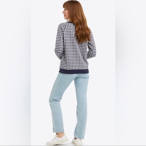 Draper James Natalie Navy Plaid Check Gingham Crew neck Pullover Sweatshirt - Picture 3 of 12